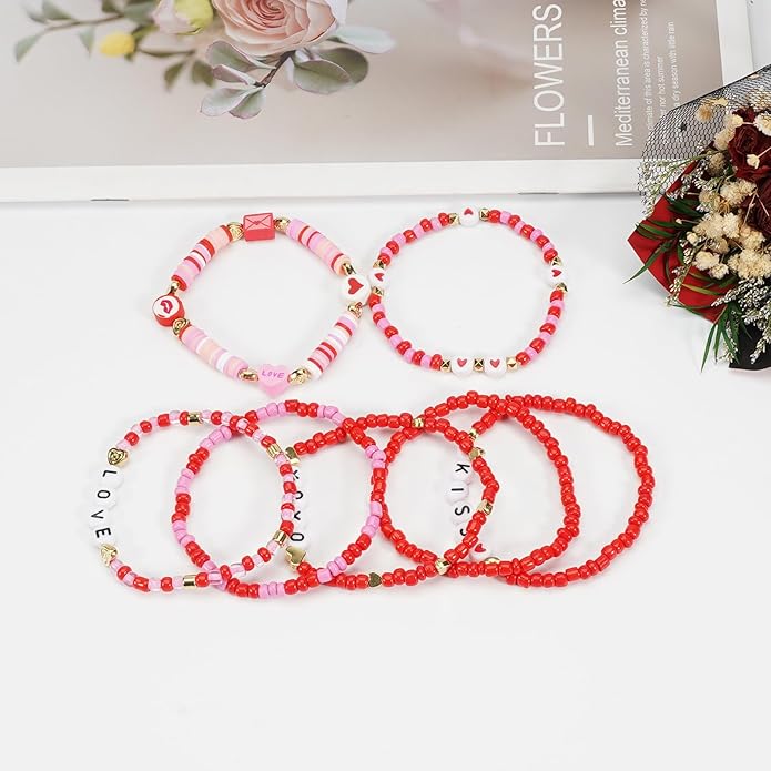 Beaded Bracelet for Women Pink Love Heart Stretch Bracelets Accessories