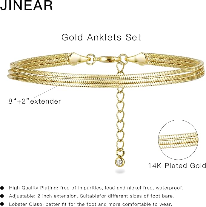 JINEAR Gold Ankle Bracelets for Women，14K Gold Plated Waterproof Chain Herringbone Layered Beaded Anklets Adjustable Summer Beach Jewelry Gift for Women