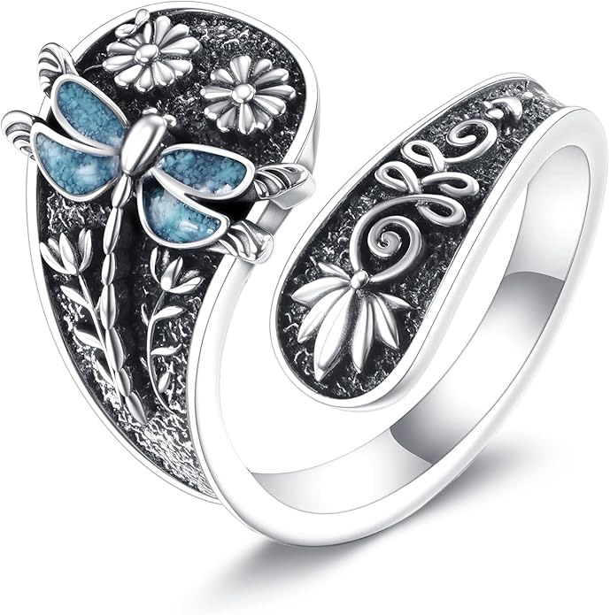 Hummingbird/Dragonfly Turquoise Ring 925 Sterling Silver Floral Spoon Rings Vintage Thumb Band Oxidized Wrap Adjustable Bands Jewelry Gifts for Women Wife Mother Christmas Birthday