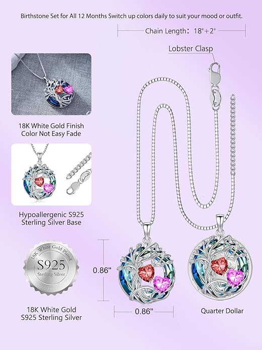 TOUPOP s925 Sterling Silver Family Celtic Tree of Life Pendant Necklaces with 2 Heart Birthstone with Blue Austrian Crystal Jewelry Birthday Valentines Day Gifts for Her, Anniversary Christmas Gifts for Wife Girlfriend Mom (18K Real White Gold Filled)