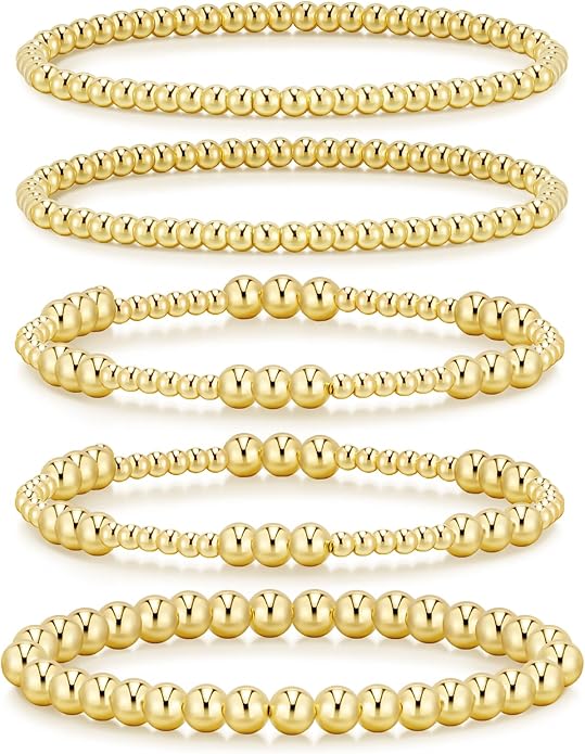 adoyi Valentines Day Gifts for Her Gold Bracelets for Women Waterproof, 14K Gold Plated Beaded Strand Bead Ball Bracelets stack Adjustable Jewelry Set for Gifts