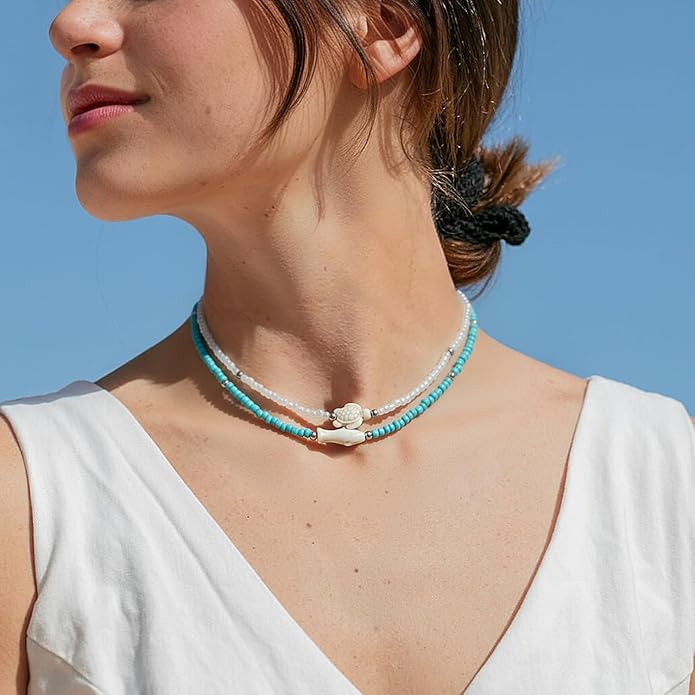 Women's Shell Starfish Boho Layered Beaded Necklace Choker for Summer Beach Vacation Gifts for Birthday/Anniversary/Christmas