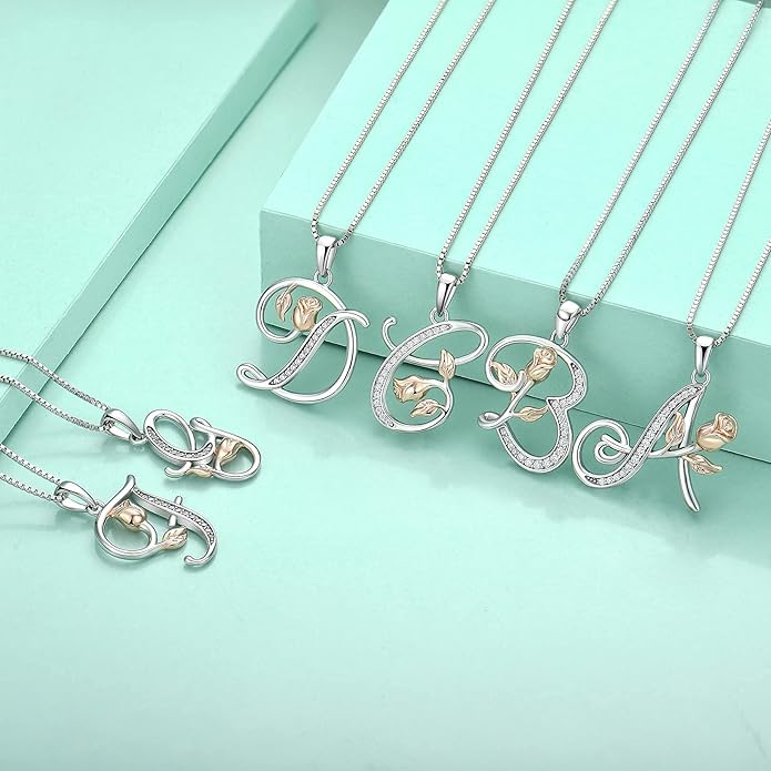 STARCHENIE Initial Necklace for Women Sterling Silver Letters 26 Alphabet Pendant Rose Flower Jewelry Gifts for Family Sisters Friend