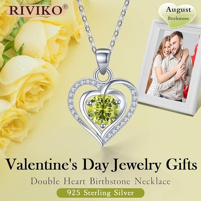 RIVIKO Heart Birthstone Pendant Necklace for Women 925 Sterling Silver Zirconia Necklaces Valentine's Day Anniversary Birthday Mothers Day Jewelry Gifts For Her Mother Wife