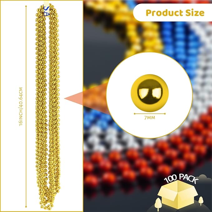 ZYFLSQ 100 Pcs 33" 7mm Metallic Gold Beads Necklaces, Bulk Mardi Gras Beaded Necklaces, Party Beads Costume Necklaces (Gold)