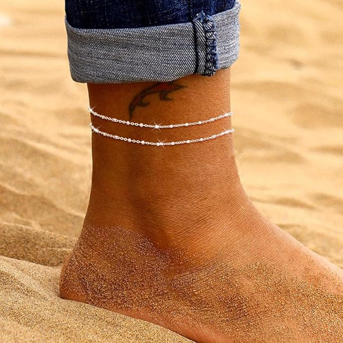 MIDEEO Gold/Silver Ankle Bracelets for Women,14K Gold Anklets for Women Waterproof Cuban Link Heart Beads Herringbone Rhinestone Anklets Set Layered Anklet Bracelets for Women Gold Jewelry Gift