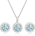 Bridal Crystal Jewelry Set - Sterling Silver Round Cubic Zirconia CZ Rhinestone Halo Birthstone Pendant Necklace Stud Earrings Set for Wedding Bride Bridesmaids Birthday Gift
