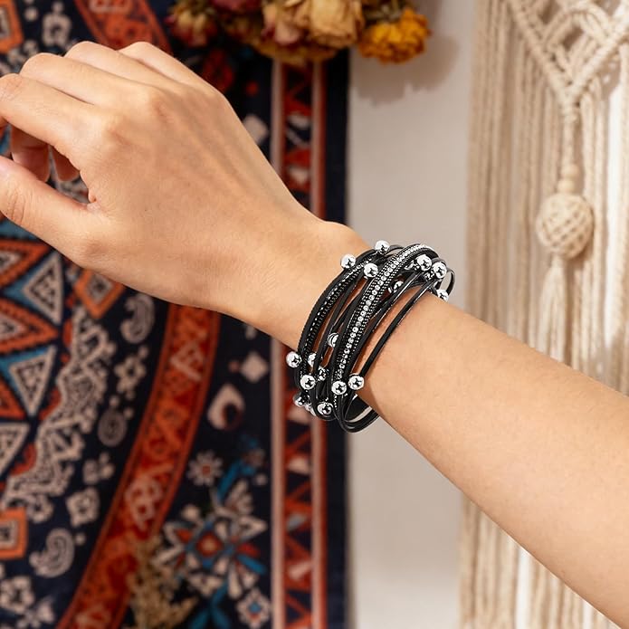 Wrapped Bracelets for Women,Leather Bracelet,Boho Bracelets for Women,Multi-Layer Pearl Crystal Bracelet Bangle Jewelry