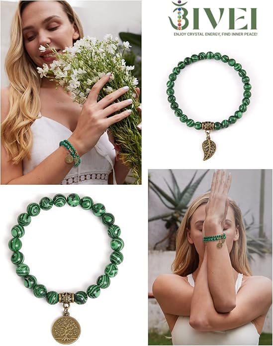 Bivei Natural Semi Precious Gemstone beads bracelet for women - Life Tree and Leaf Charm Energy Reiki Crystal Stretch Bracelets