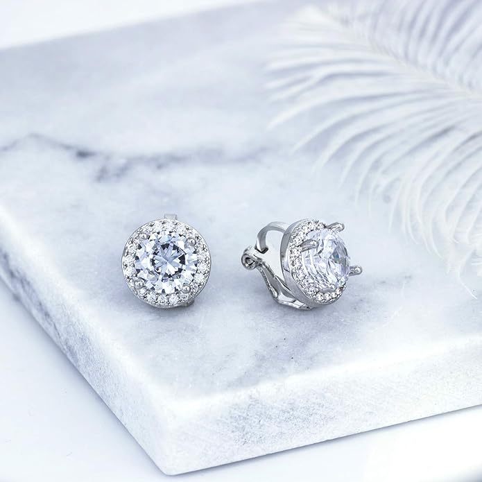 YOQUCOL 8MM Cubic Zirconia Crystal Clip On Stud Earrings Round Non Pierced Earrings for Women