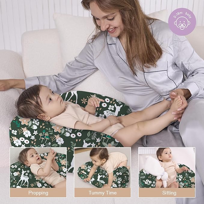 Little Grape Land Nursing Pillow,Upgraded Breast Feeding Pillow for Mom,Breastfeeding & Bottle Feeding for 0–13 Months, Soft Machine Washable Cover with firm breathable filling, Tummy Time,Forest Deer
