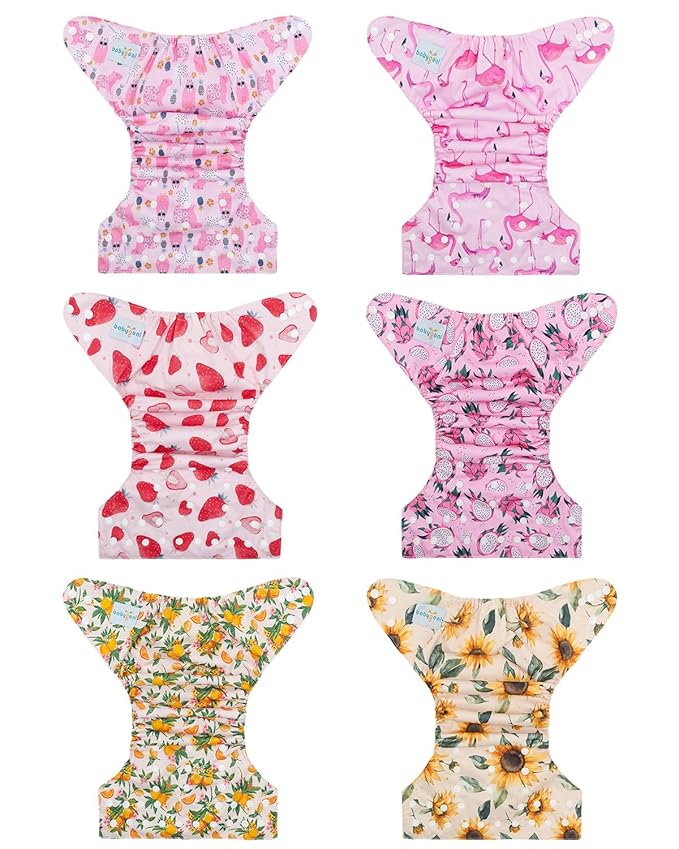 Babygoal Baby Cloth Diaper 6 Pack with 6pcs Inserts and Wet Bag for Fitted Diapers and Prefolds, Adjustable and Reusable Covers for Toddler Boys and Girls