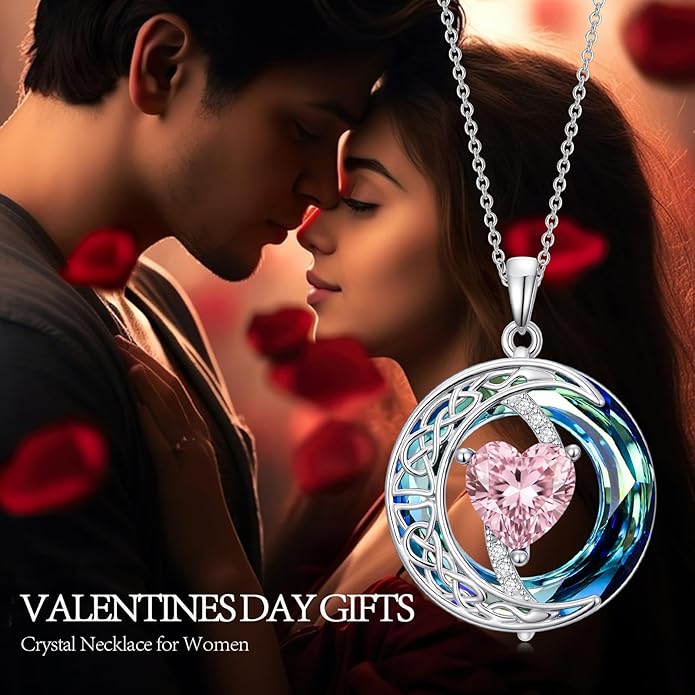 Valentines Day Gifts for Women, Birthstone Necklace for Women, Celtic Moon Pendant Blue Crystal Necklace Heart Jewelry Anniversary Jewelry Gift for Daughter Wife Mother Sister