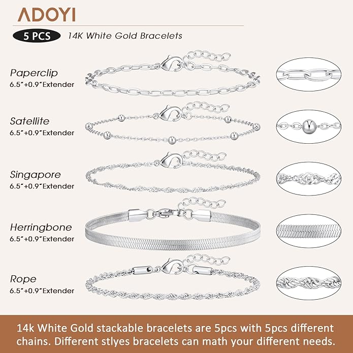 adoyi Valentines Day Gifts for Her Gold Bracelets for Women, 14K Gold Plated Stackable Bracelet Stack Set Adjustable Charm Paperclip Chain Cuban Link Layered Waterproof Jewelry Sets Gifts for Womens