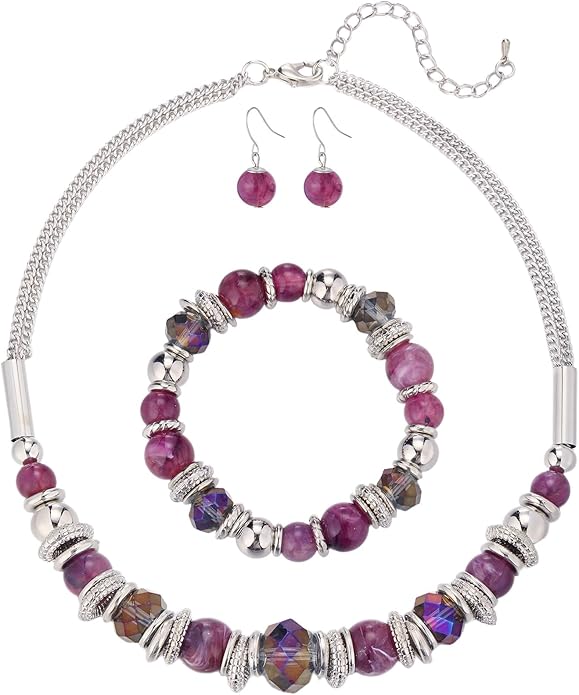 PEARL&CLUB Silver Beaded Statement Necklaces for Women Chunky Bead Necklace Bracelet and Earring Costume Jewelry Sets Gifts for Mom