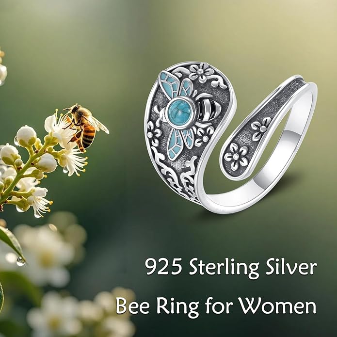 VONALA Vintage Sterling Silver Honeybee Spoon Ring with Crushed Turquoise, Symbolic Women's Jewelry, Meaningful Gift for Her, Mother's Day, Anniversary, Self-Love, Adjustable Size 6–8