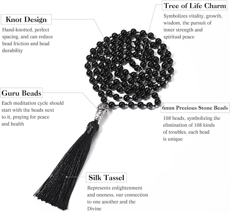 INBLUE 108 Mala Prayer Beads Wrap Necklace with Long Tassel Boho Necklace for Women Amazonite Bead Bracelet with Spiritual Tree of Life Pendant 108 Beads Necklace for Meditation