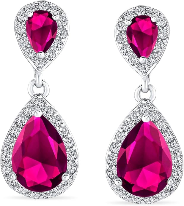 Vintage Style Bridal Cubic Zirconia Simulated Gemstone AAA CZ Halo Dangle Teardrop Chandelier Clip On Earrings For Women Silver Rose Gold Plated in Black Purple Blue Red Rose Pink Green Clear