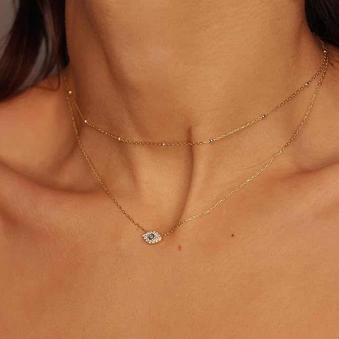 Evil Eye Necklace for Women 14K Gold Plated Delicate Necklaces Blue White CZ Diamond Pendant Necklace Cute Boho Tiny Evil Eye Lucky Protection Jewelry Gift for Women