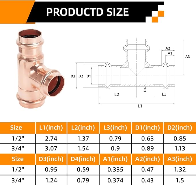 1/2" Copper Press Fittings Tee for Copper Pipe Plumbing, 10 Pack | Lead-free - Image 2
