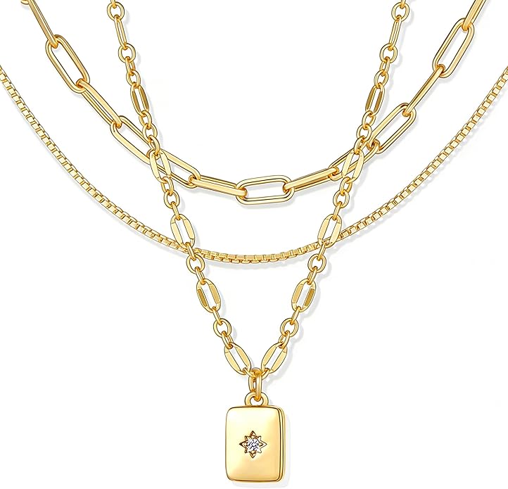 YEEZII Layered Gold Necklaces for Women Trendy, 3 Pcs 14K Gold Plated Choker Paperclip Box Chain Necklace, Stackable Women's Gold Pendant Necklaces Jewelry Set