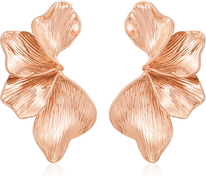 Chunky Gold Statement Earrings For Women Gold Plated Sectored Flower Leaf Shell Angel Wing Earrings Trendy Boho Jewelry For Women Large Stud Earrings Hypoallergenic Earrings
