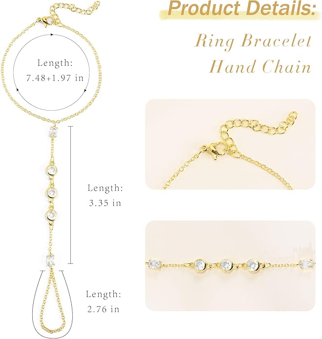 Hand Chain Bracelet, Adjustable Hand Jewelry Chain Bracelet with Ring, Trendy Gold Handchains Jewelry
