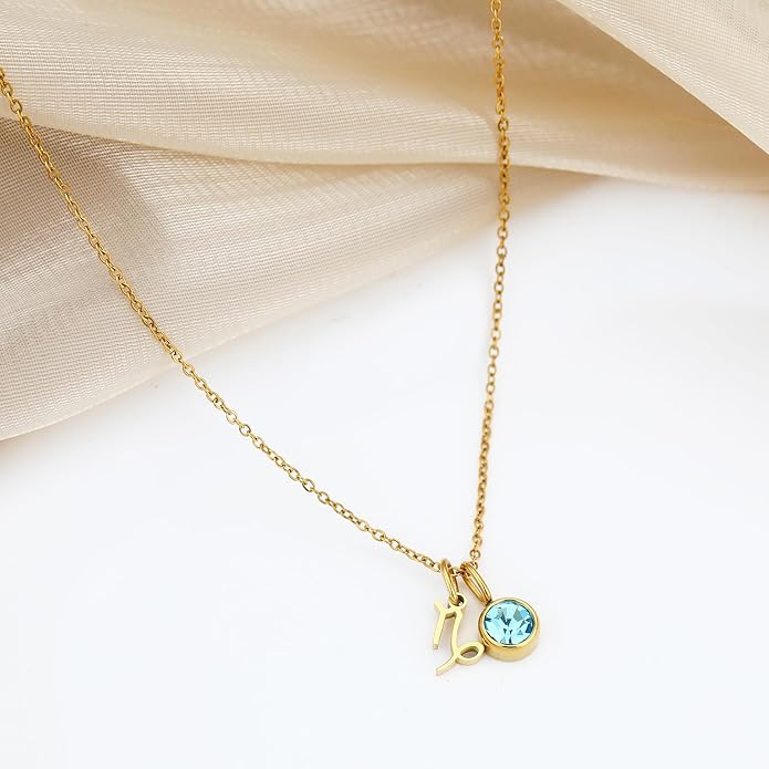 MISS RIGHT Initial Birthstone Necklace for Women - Personalized Gifts Birthday Gifts for Women Stainless Steel 18K Gold Plated Dainty Gold Zodiac Sign 12 Constellation Horoscope Necklace Jewelry
