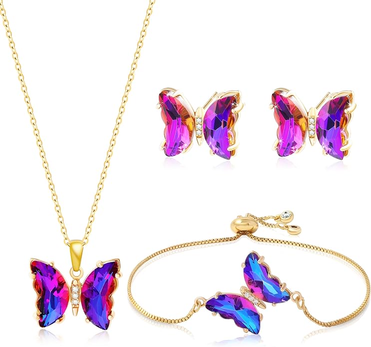 MISS RIGHT Butterfly Crystal Jewelry Set with Butterfly Necklace Stud Earrings Bolo Bracelet Adjustable Ring for Women Trendy, Iridescent Y2K Dainty Butterfly Jewelry Gifts