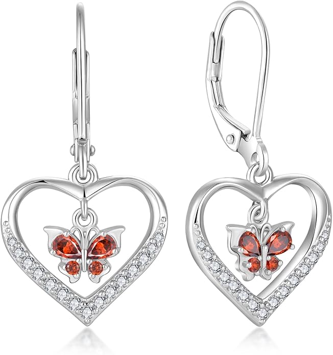Butterfly Birthstone Heart Dangle Drop Earrings, 925 Strlings Silver 5A Cubic Zircon Leverback Earrings Jewelry Anniversary Birthday Gifts for Women