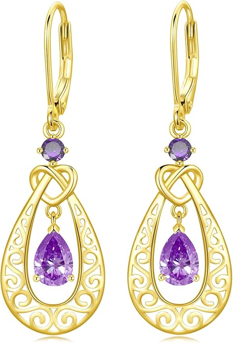 Teardrop Birthstone Dangle Drop Earrings Sterling Silver Infinity Filigree Leverback Earrings, Infinity Love Birthday Anniversary Valentines Day Gifts for Her Women Mom Wife