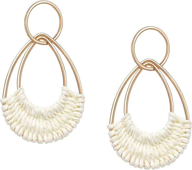 Raffia Hoop Earrings for Women Fun Boho Summer Beach Earrings Lightweight Handmade Straw Wicker Rattan Dangle Earrings Statement Geometric Round Drop Earrings