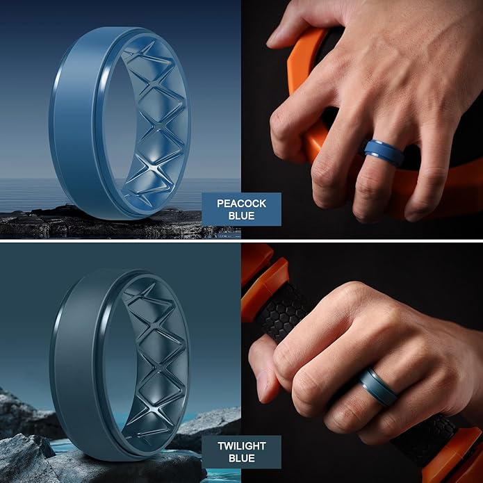 Egnaro Men's Rings 8.5mm Wide-2mm Thick Inner Arc Ergonomic Breathable Rubber Wedding bands-Hypoallergenic for Gym/Outdoor/Gift((1-7 Variety Pack with Half Size)