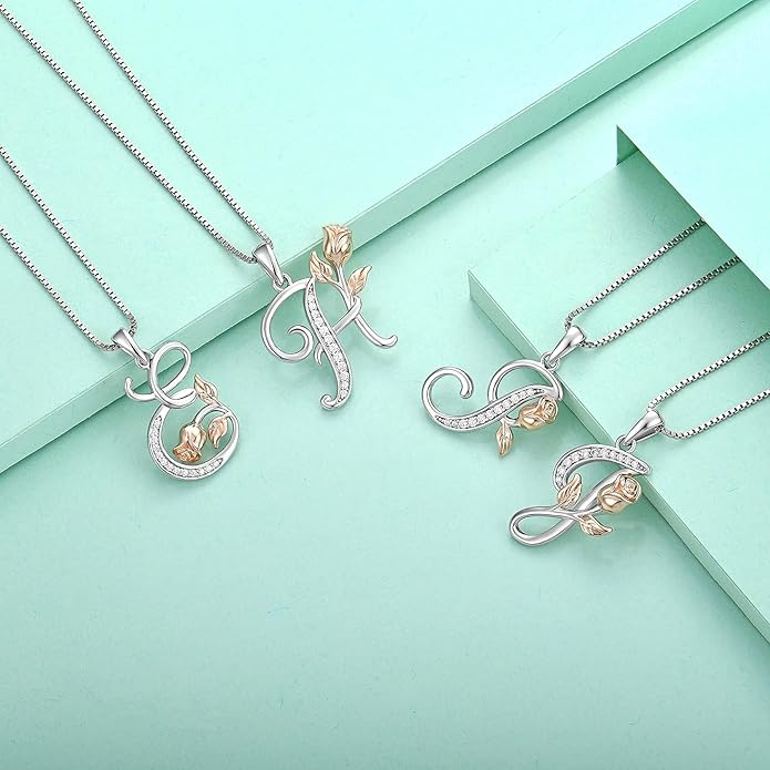 STARCHENIE Initial Necklace for Women Sterling Silver Letters 26 Alphabet Pendant Rose Flower Jewelry Gifts for Family Sisters Friend