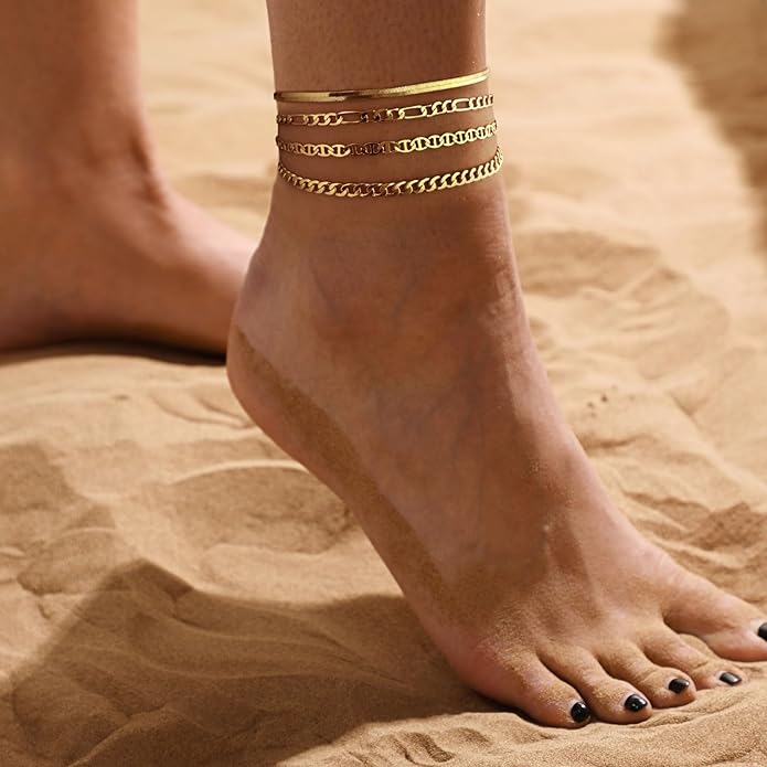 Anklets for Women 14K Gold Silver Plated Ankle Bracelets Trendy Waterproof Boho Anklets Set Adjustable Dainty Cute Diamond Beaded Heart Non Tarnish Summer Beach Jewelry Gift