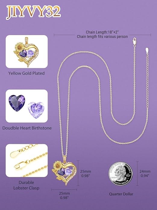 Sunflower Heart Necklace for Women 14K Gold Exquisite Valentines Day Anniversary Birthday Gifts for Wife Mother Her Double Birthstone Pendant Jewelry‘You Are My Sunshine’
