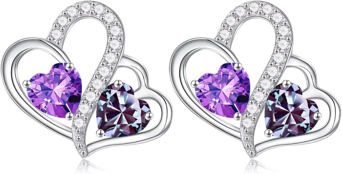 Iefil Valentines Day Gifts for Her - Birthstone Earrings Gift for Women, 925 Sterling Silver Double Heart Birthstone Earrings | Anniversary Birthday Gifts for Women, Personalized Jewelry for Wife Mom