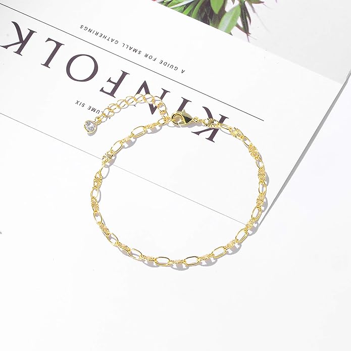 Dainty Layered Gold Chain Bracelet for Women 14K Gold Plated Handmade Adjustable Bracelet Satellite Beads Oval Mariner Figaro Link Chain Bracelets Minimalist Layering Stacking Jewelry Gift for Women
