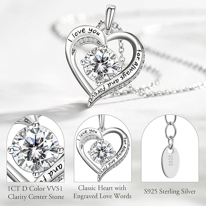 NORBU Moissanite Necklace for Women, 1 CT D Color VVS1 Clarity Round Cut, 925 Sterling Silver Heart Necklace with 18K White Gold Plated, Jewelry Gift for Wedding Anniversary Birthday Christmas Valentine's Day