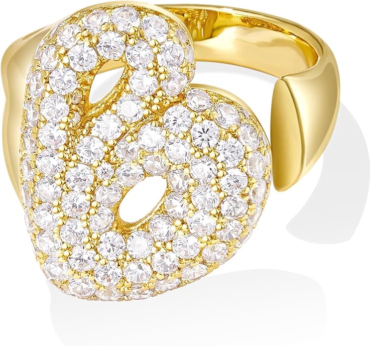 KissYan Bubble Initial Ring Valentines Day Gifts for Women, 14k Gold Plate Balloon Jumbo Letter Rings Open Adjustable Dainty Pave CZ Personalized Fashion Trendy Statement Jewelry