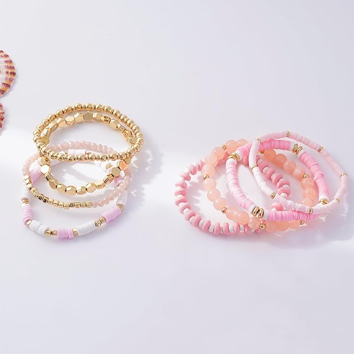 GOOJIDS Surfer Heishi Clay Bead Bracelets for Women Bohemian Stackable Gold Plated Beaded Stretch Bracelets Elastic Layering Friendship Bracelets Set Boho Jewelry