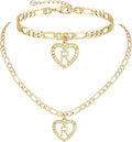 YANODA Gold Initial Pendant Necklace Anklet Bracelet for Women 14K Gold Plated Figaro Chain Letter Initial Heart Necklace Anklets Alphabet Foot Jewelry Personalized Jewelry for Women