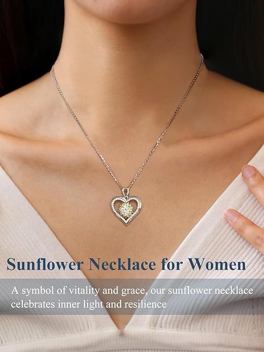 Sunflower Moissanite Heart Necklace for Women, Anniversary Birthday Gift for Wife, S925 Silver Moissanite Lab-Created Gem Jewelry for Her Girlfriend Mom
