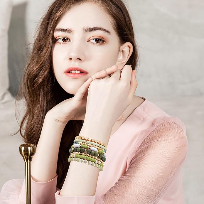 GOOJIDS Surfer Heishi Clay Bead Bracelets for Women Bohemian Stackable Gold Plated Beaded Stretch Bracelets Elastic Layering Friendship Bracelets Set Boho Jewelry