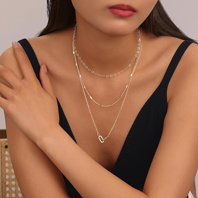 Evabelle Gold Layered Necklace for Women Trendy Jewelry 14K Real Gold Plated Chunky Chain Stackable Necklaces Dainty Choker Necklaces Rectangle Square Pendant