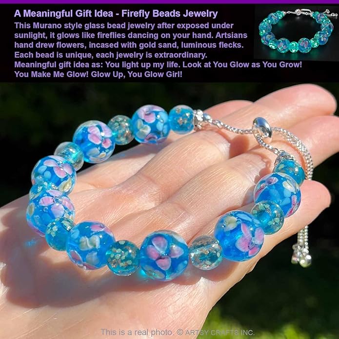 ARTSY Crafts Lily Garden Glow in the Dark Firefly Bead Bracelets Necklaces, Handmade in USA Murano Glass Jewelry, Flower Luminous Beads Mermaid Crystal Bracelet Bangle