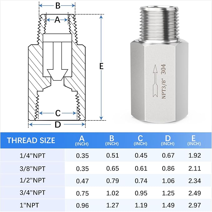 ChillWaves 304 Stainless Steel In-Line Siamese Check Valve 3/8" NPT Male x 3/8" - Image 2