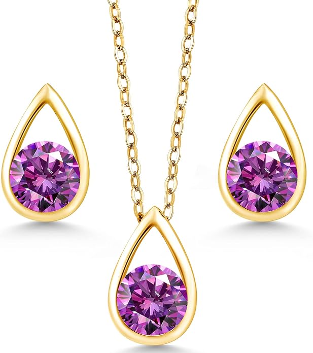 Gem Stone King 18K Yellow Gold Plated Silver 5MM Round Gemstone Birthstone Teardrop Pendant Earrings Set | Jewelry Set for Women | With 18 Inch Chain