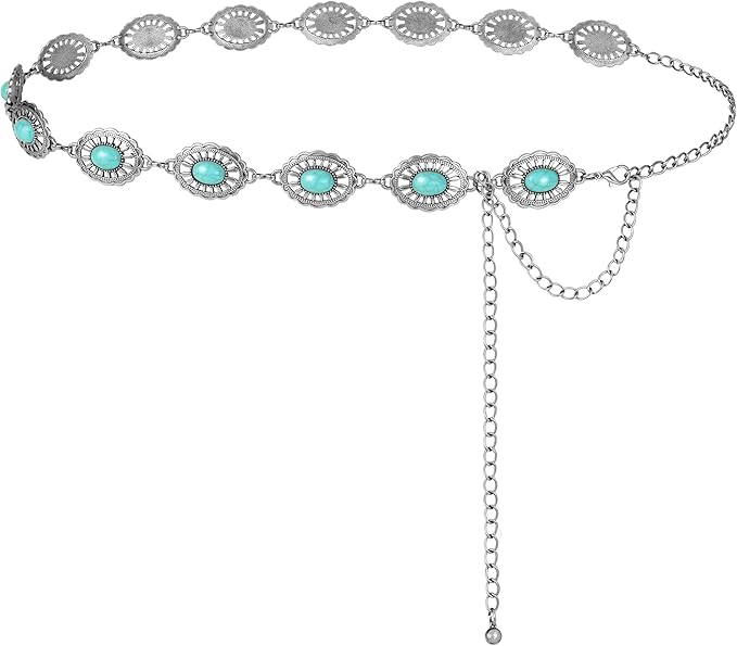 FIORETTO Metal Waist Chain Link Belt for Women Western Cowgirl Boho Turquoise Belts for Dress Jeans Country Concert Outfit