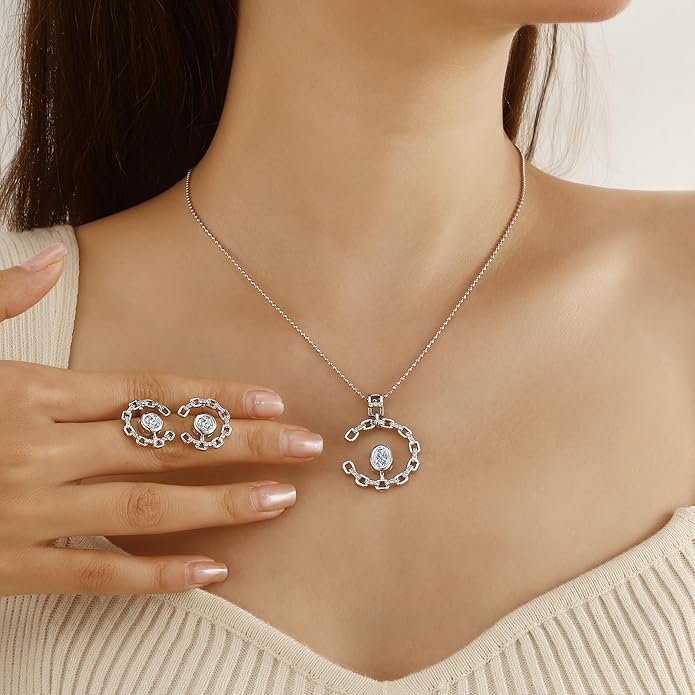 Elegant C-Shaped Crystal Necklaces/Stud Earrings Set with Birthstone Jewelry Set Silver Plated Fashion Jewelry for Women CS0003